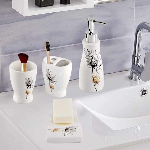 4PC Bathroom Accessory Set - Soap Dish, Dispenser, Tumbler, Toothbrush Holder - Picture 2 of 3
